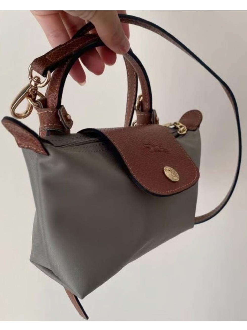 Longchamp Le Pliage Extra Small XS Top Handle Bag Crossbody Gray & Brown